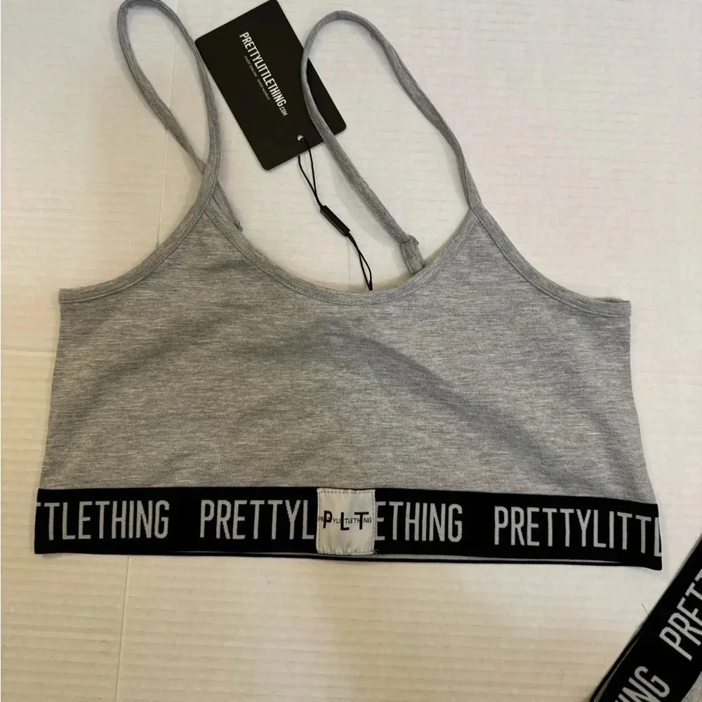 PRETTYLITTLETTHING GREY JERSEY LOGO TAPE LINGERIE SET
